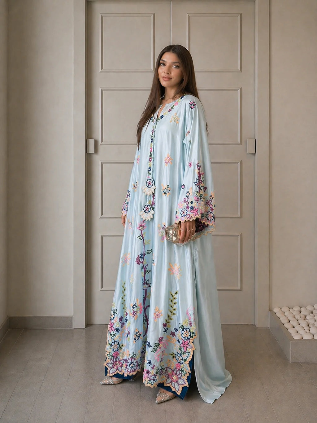 Elegant Floral Embroidered Kaftans for Women – Pastel Blue & Blush Pink Cotton Kaftan Dresses Regular price