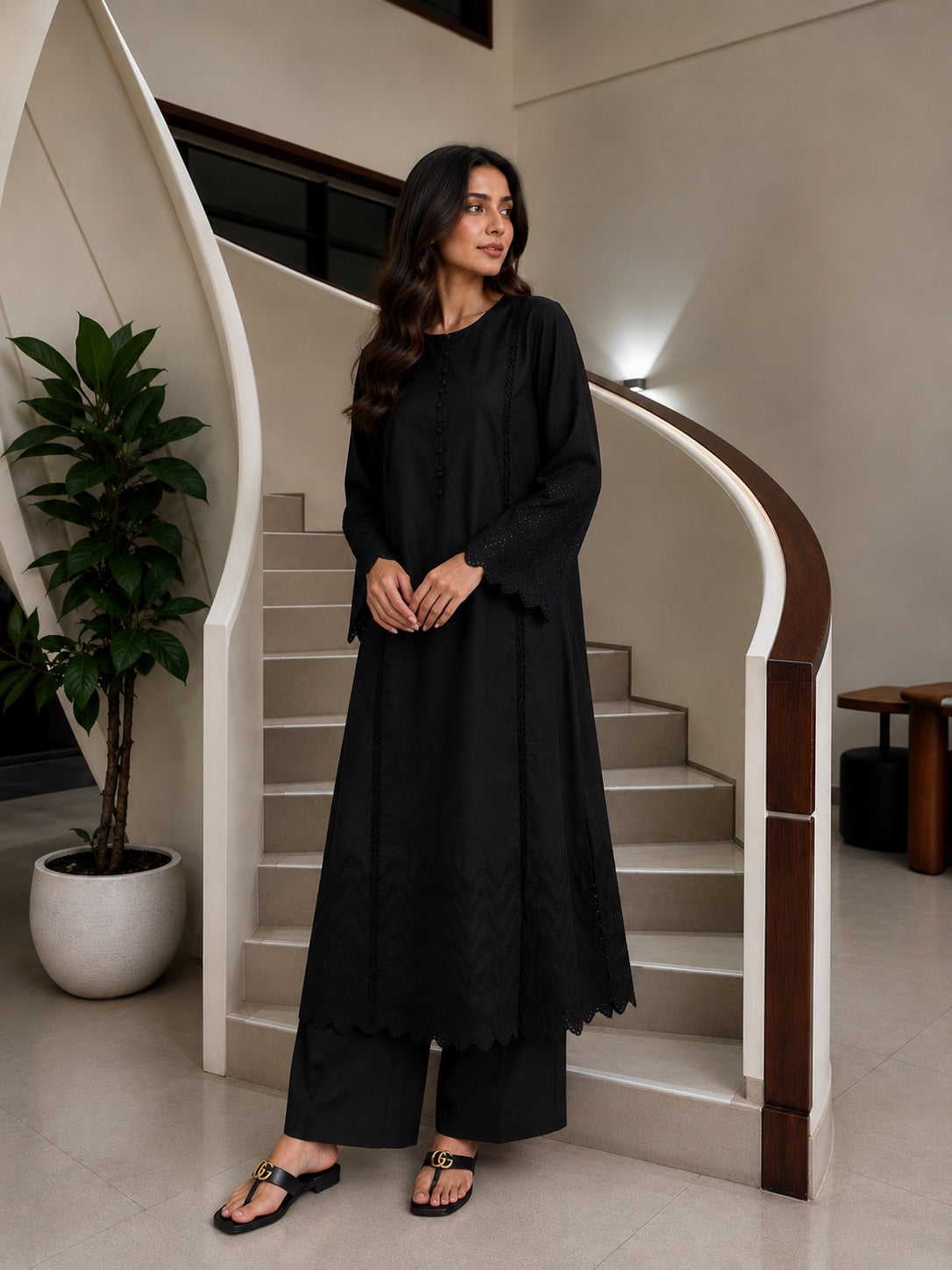 Black Chicken Kari Lawn Co-Ord Set with Ruffle Panels & Loose Culottes | Women’s Summer Collection