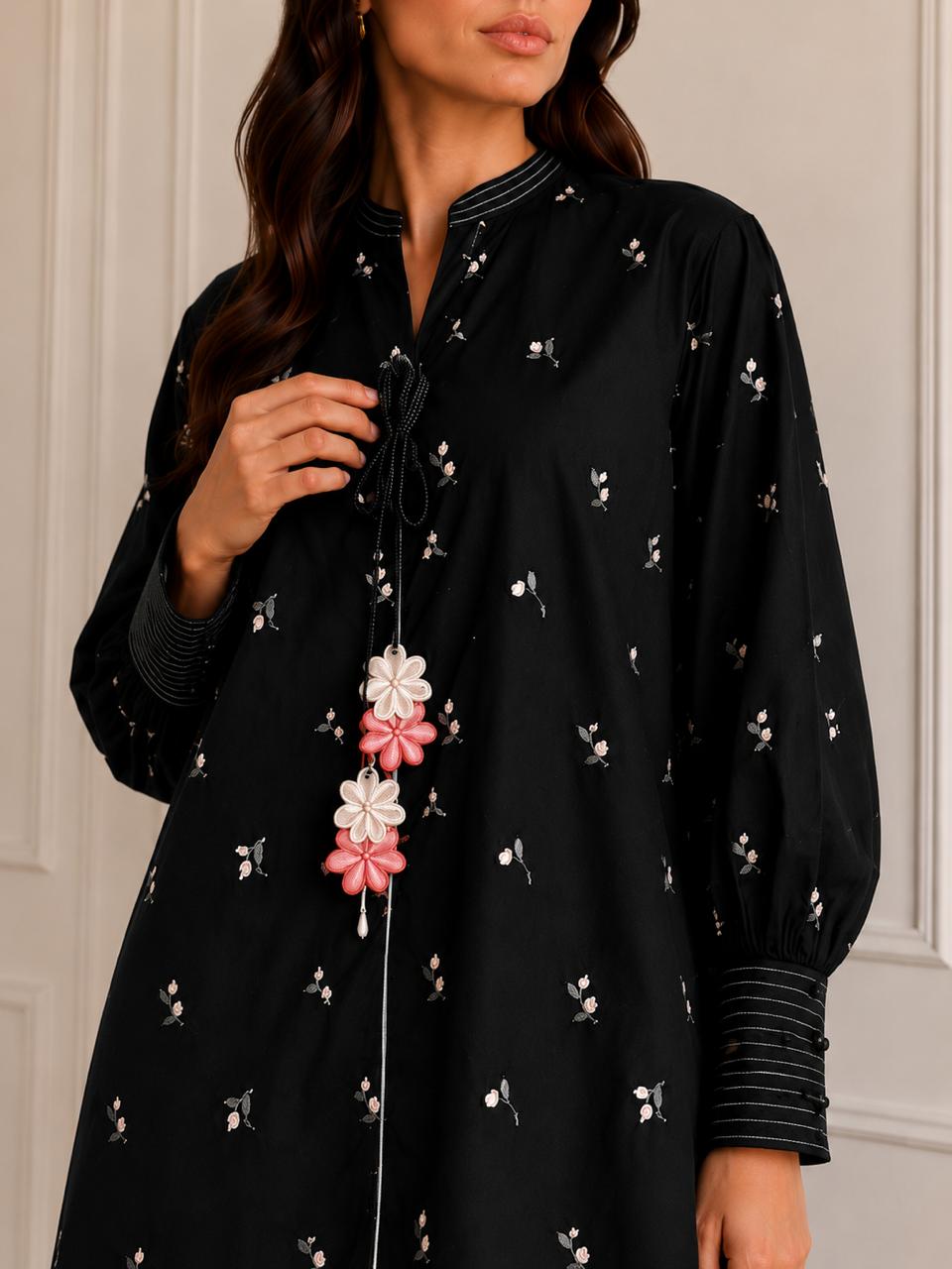 Black Embroidered Lawn Short Shirt with Balloon Pants | Women’s Designer Summer Outfit