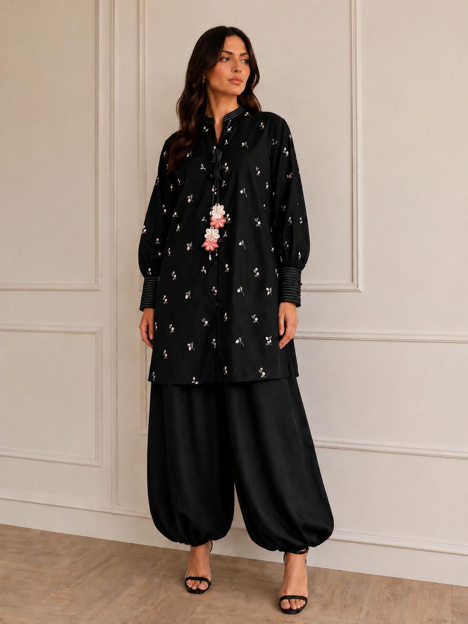 Black Embroidered Lawn Short Shirt with Balloon Pants | Women’s Designer Summer Outfit
