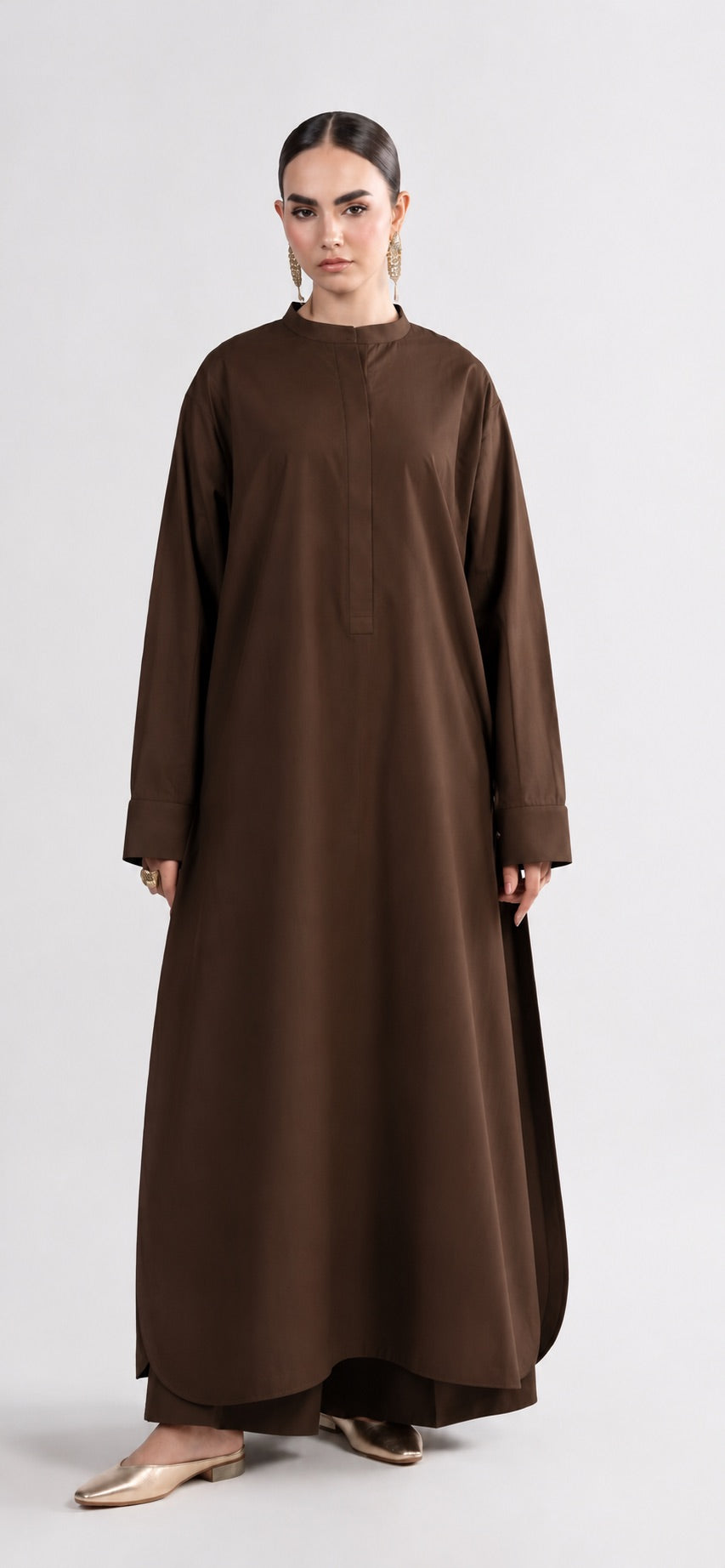 Chocolate Brown 2-Piece Lawn Suit – Long A-Line Shirt & Trousers