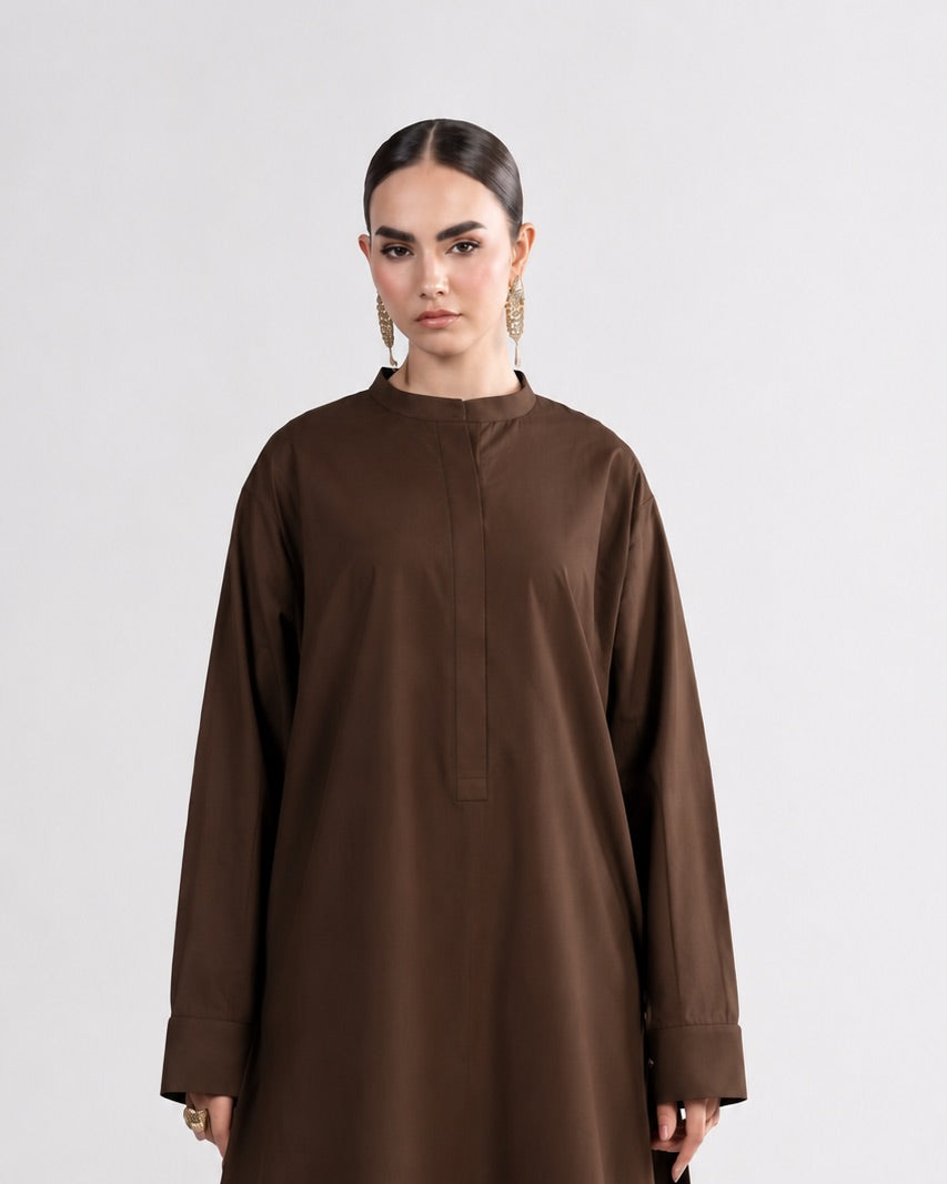Chocolate Brown 2-Piece Lawn Suit – Long A-Line Shirt & Trousers
