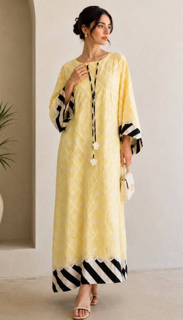 Yellow Polka Dot Cutwork Chicken Lawn Kaftan – 1 Piece