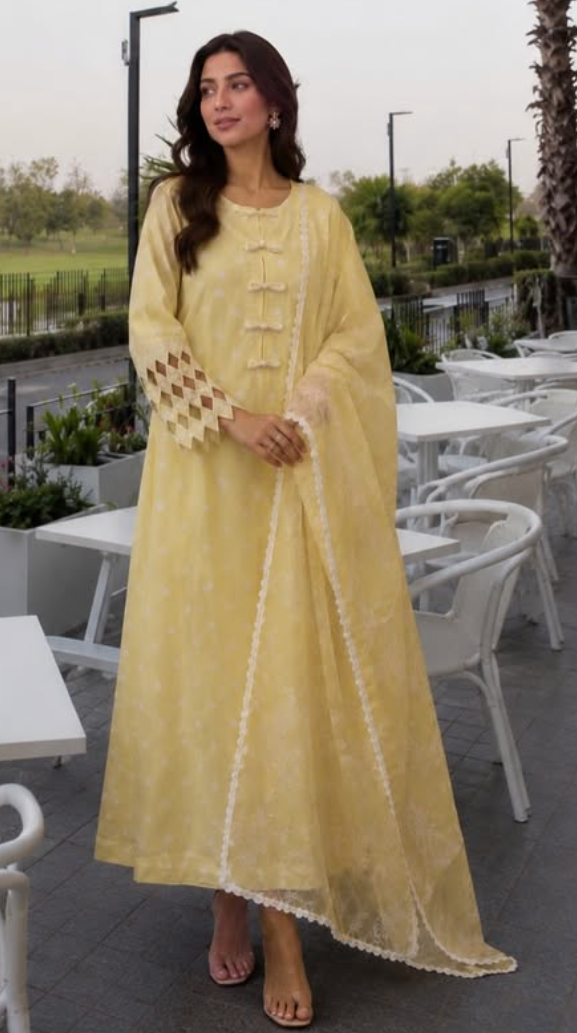 Yellow Polka Dot Lawn Suit with Organza Dupatta – 3 Piece