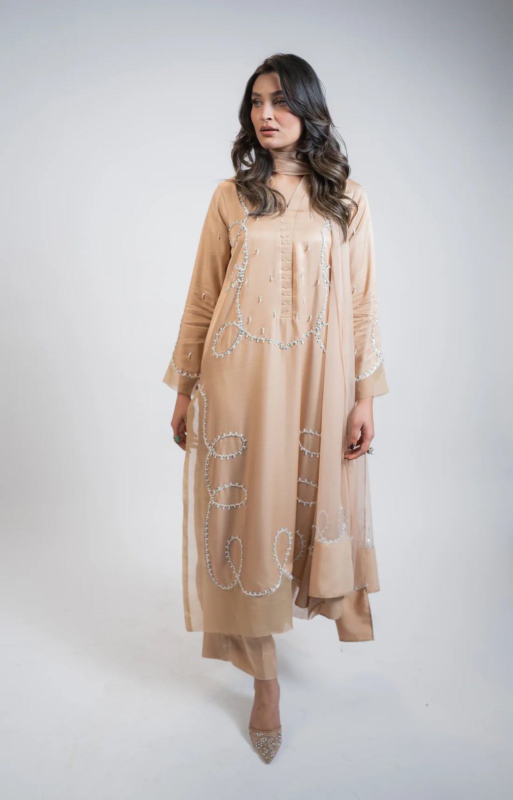 Beige Tussel Silk 3PC Dress