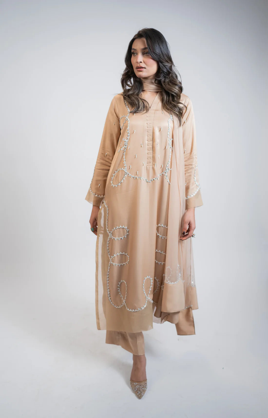 Beige Tussel Silk 3PC Dress
