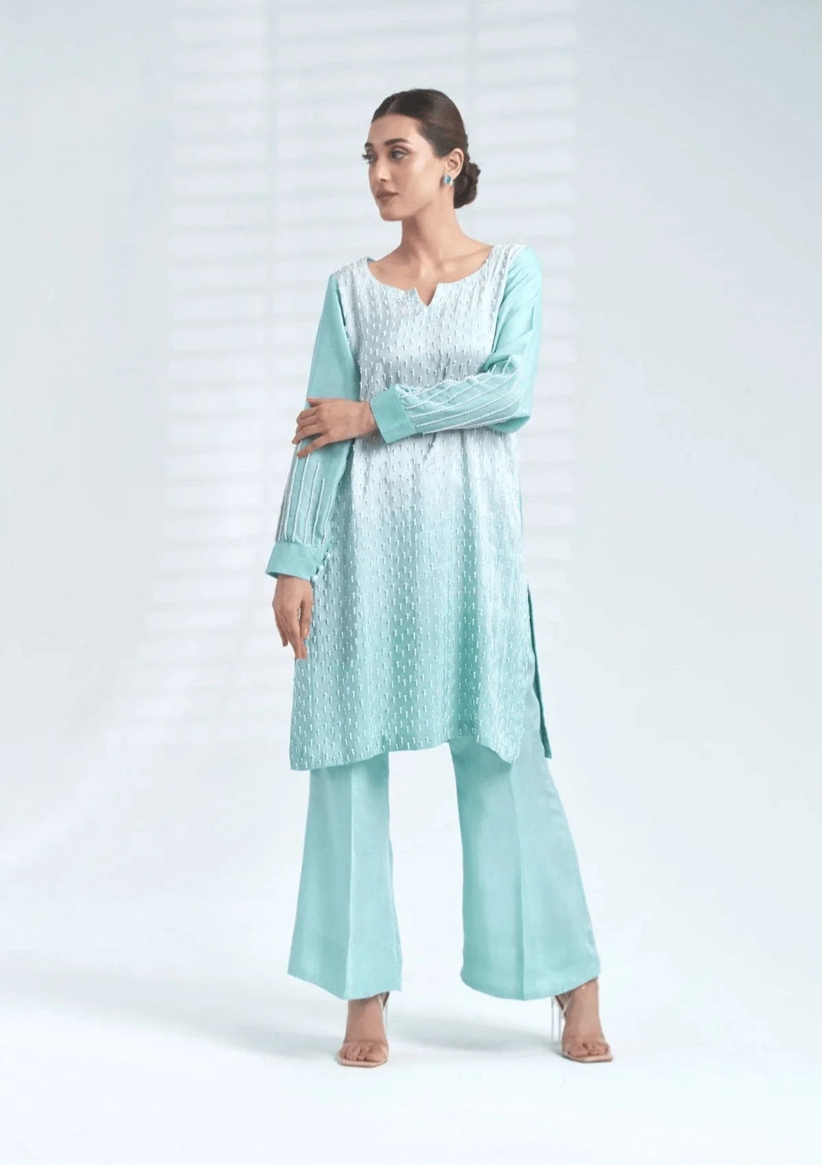 2 Piece Stiched La Pearla Ice Blue Co-Ord Suit (Pret)