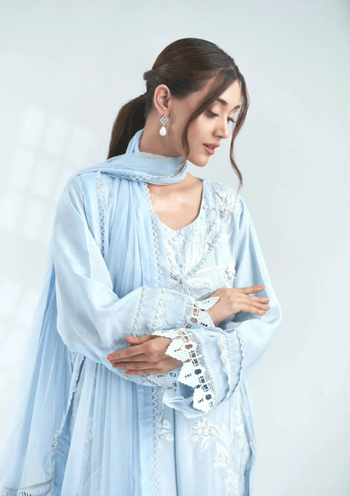 3 Piece Stiched Neigecis Ice Blue Korean Raw Silk Suit (Pret)