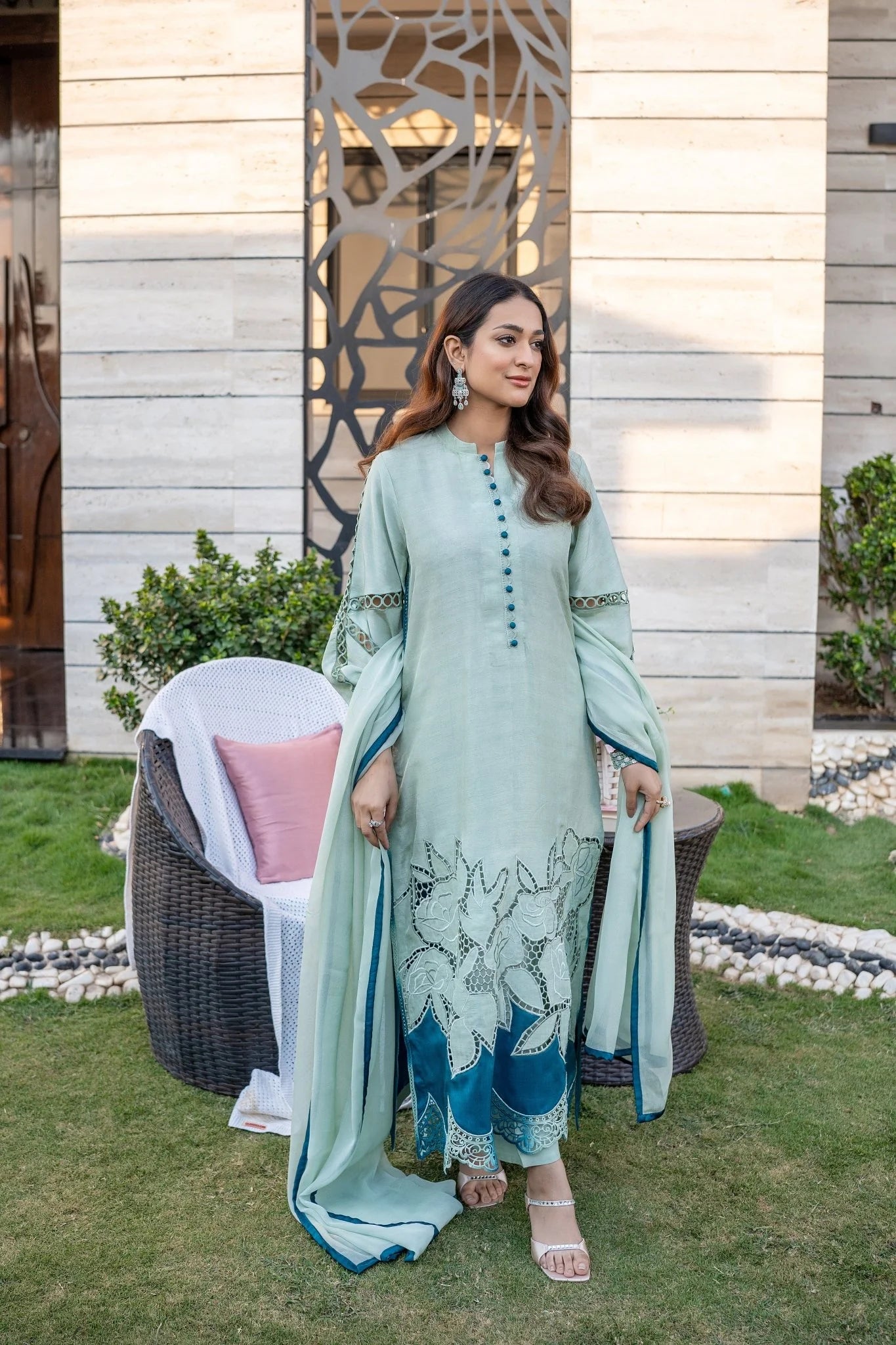 3 Piece Stiched Mint Green & Teal Korean Raw Silk Suit (Pret)
